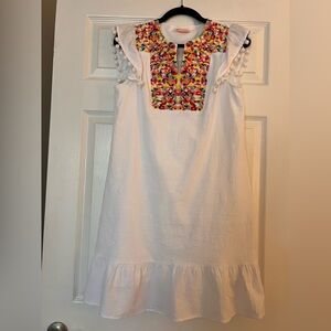 White Sleeveless Casual Dress with Multicolor Embroidered Yoke